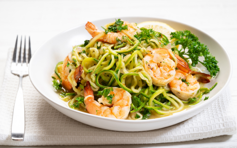 7 Day Meal Plan - grilled shrimp with zucchini noodles