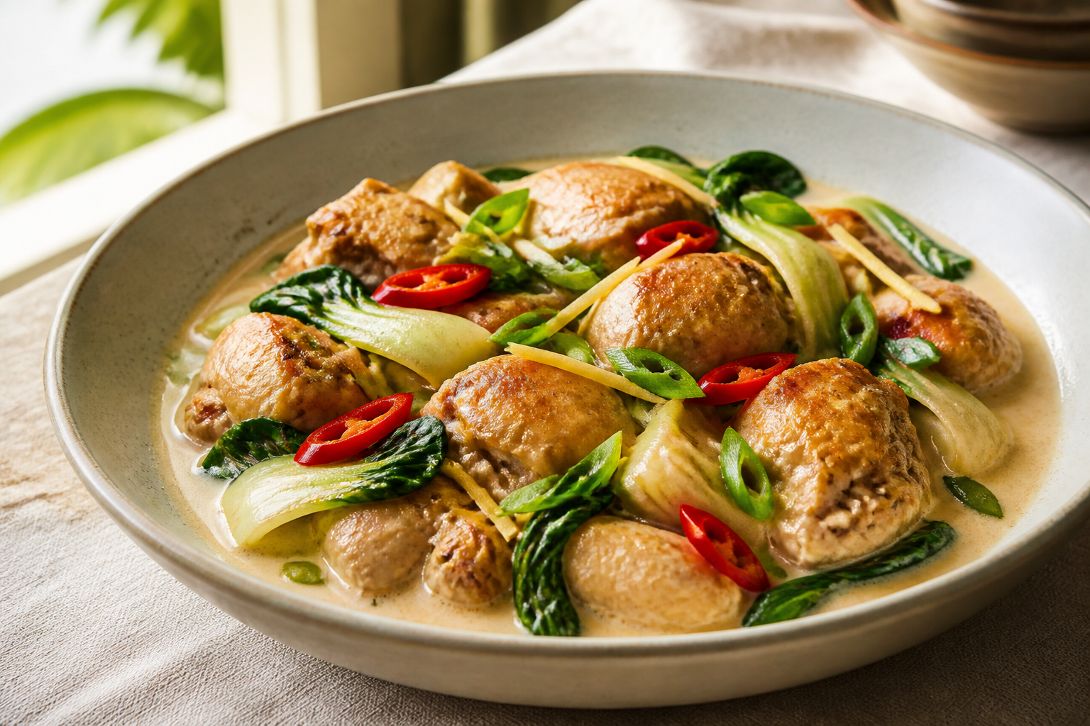 Coconut-milk chicken thighs with bok choy