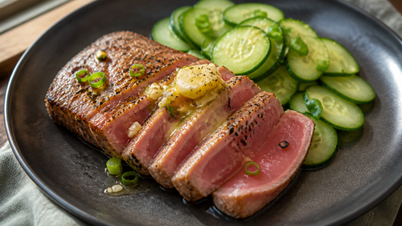Pan-seared ahi with ginger-garlic butter